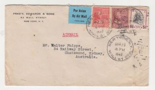 United States,  1942 Airmail Cover To Australia,  Prexies 18c. ,  22c.  & $ 1.  00
