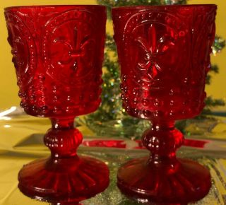 Vintage Ruby Red Small 4.  5” Goblets Hobnail & Fleur De Lis Set Of 2
