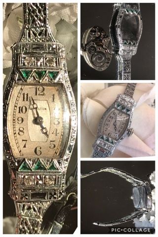 1920’s Ladies Art Deco 14k Emerald & Diamond Hamilton Watch Filigree Band