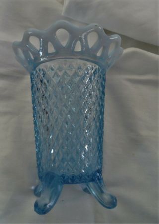 Vintage,  Blue Glass Diamond Pattern,  Lace Edge,  Footed Vase.  5 "