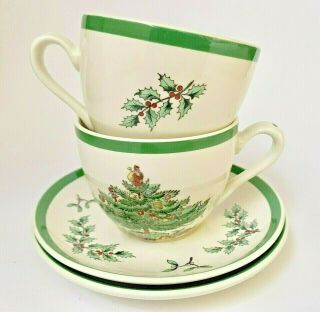 Set Of 2 Vintage Spode England Christmas Tree Tea Cups & Saucers Green Rim Mugs