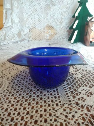Cobalt Blue Glass Hat Hand Blown Vintage Planter Vase Signed By Artist 1989