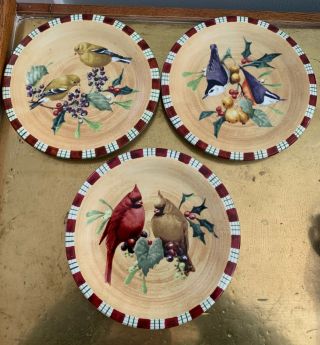 3 - Salad Plates Winter Greetings By Lenox Cardinal Nuthatch Goldfinch