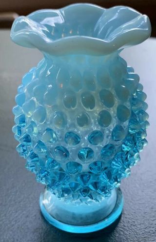 Vintage Fenton Small Hobnail Vase Light Blue/turquoise 3 1/2” X 2” Ruffled Top