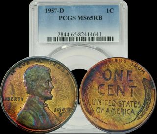 1957 - D U.  S.  A.  Penny Pcgs Ms65rb Multi Color Purple,  Turquoise And Yellow Toning