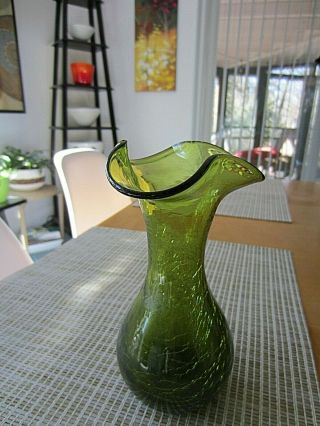 Vintage Blenko Art Glass Avocado Green Crackle Vase