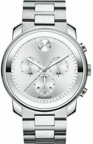 $895 Movado Bold Mens Silver 44mm Chrono Stainless Steel Swiss Watch 3600276