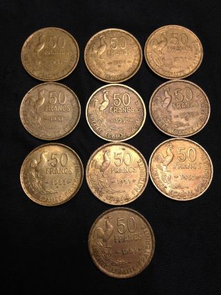 , Set Of 10: French 50 Franc Rooster Coins.  From 1951 (6),  1952 (2),  1953 (2)