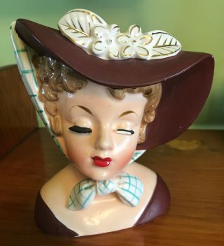 Vintage Napco Lady Head Vase Brown Burgundy Hat Scarf 1959 C4414b Chipped Lash