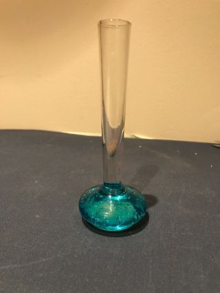 Vintage Art Glass " Bud " Vase.  With Teal Blue Bubble Base.  Height 13.  5 Vgc