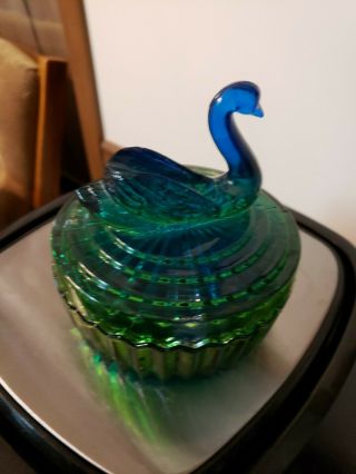 Jeannette Glass Green and Blue Swan Powder Jar Lipstick Holder 3