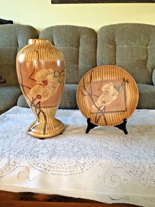 Vintage Oriental Accent 10 1/2 " Plate & Matching 16 " Vase