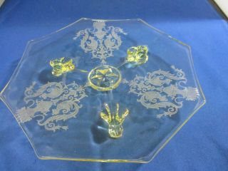 Lancaster Depression Glass Topaz Yellow Octagon Footed Etched Plate