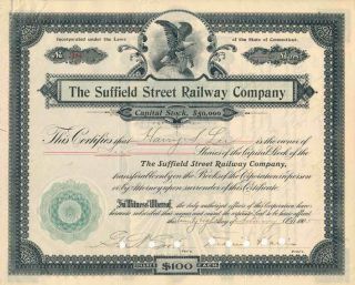 1905 $100 Suffield Streetcar Railway Co.  Stock Certificate Hartford,  Connecticut
