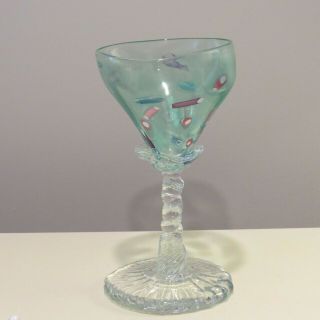 Signed Leon Applebaum 8 1/2 " Glass Goblet With Twisted Stem And Green/aqua Bowl