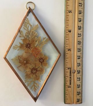 Vintage Copper Beveled Glass Sun Catcher Pressed Flowers Christmas Ornament