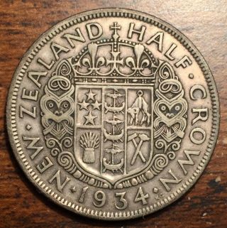 1934 Silver Zealand 1/2 Half Crown King George V Colonial Coin