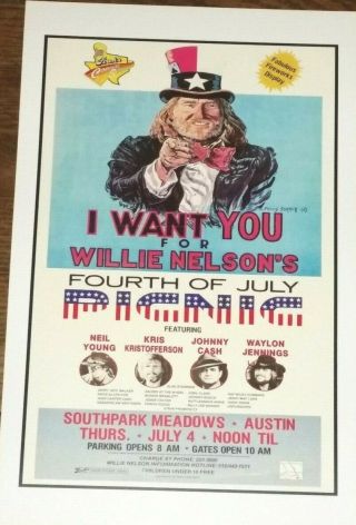 Willie Nelson Concert Poster - 11 X 17 - Johnny Cash,  Waylon - Country Music