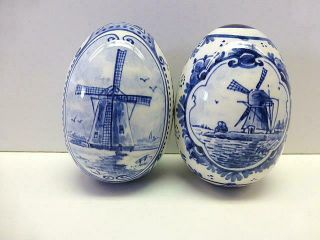 2 Vintage Delft Holland Porcelain Egg Blue & White Double Windmill 3 " Tall