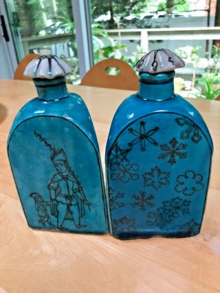 2 Turquoise /black Motif Ceramic Persian Middle Eastern Bottles W/ Tops 8 " H