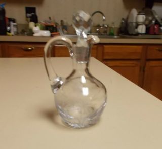 Antique Etched / Cut Crystal Glass Oil Cruet With Stopper Cut Flowers & Leaves