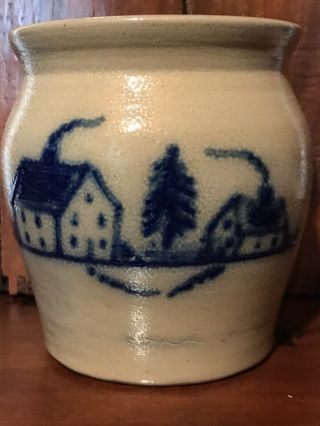 Vintage Primitive 1992 Beaumont Pottery Stoneware Salt Glaze Saltbox House Crock