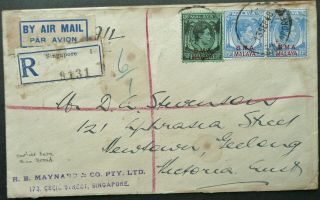 Bma Malaya 13 Sep 1948 Registered Airmail Cover From Singapore To Australia