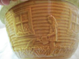 Vintage USA Pottery Yellow Ware Mixing Bowl Girl Watering Flowers 166 2