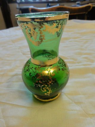 Green Glass Vase With Gold Decoration.  10cm Tall