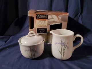 Corelle Coordinates Stoneware Creamer & Sugar Bowl W/ Lid Shadow Iris Pattern