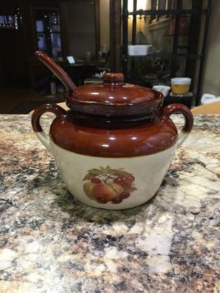 Mccoy 342 Brown Drip Bean Pot Soup Pottery With Notched Lid And Ladle