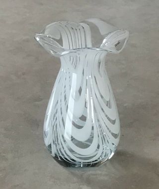 7” Tall Vintage Hand Blown Art Glass Vase Hefty Clear & White Swirl