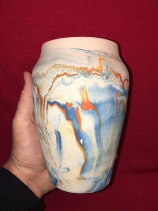 Vtg Nemadji Sw Indian Pottery Vase Mission Swirl Native Clay Blue Orange 6” Art