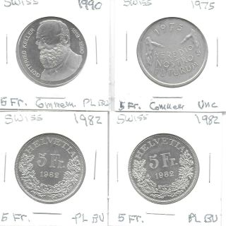 Switzerland 1982 5 Francs/2 & 1975&1990 5 Fr.  2 Commemoratives 4 Pl Bu Coins