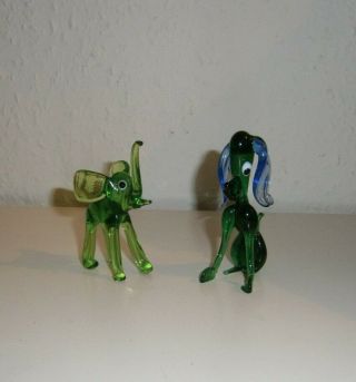 Vintage Murano Green Glass Elephant & Dog Figurers