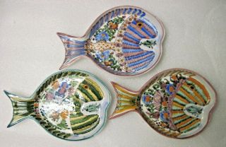 Set Of (3) Onk Skyros Greece Signed Ceramic Pottery Hand Painted Fish Plates