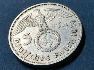 German Nazi Coin 5 Reichsmark 1939 B With Big Swastika 900 Silver Ag