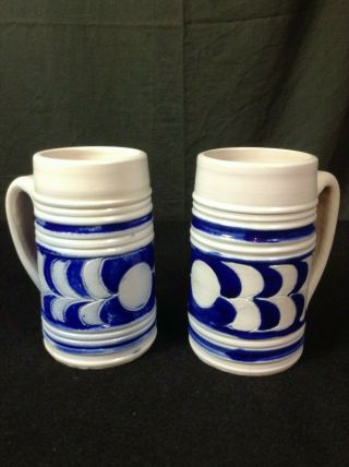 2 Pair Williamsburg Pottery Large Beige Cobalt Blue Glazed Stoneware Tankard Mug