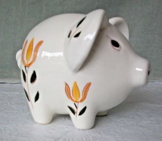Vintage Stangl Pottery Piggy Bank - Incised Yellow Tulips,  Signed,