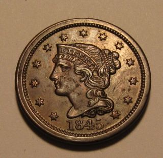 1845 Braided Hair Large Cent Penny - Au,  / - 60sa - 2