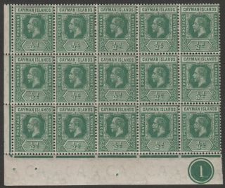 Cayman Islands 1912 Kgv ½d Green Plate 1 Block Of 15 Sg41