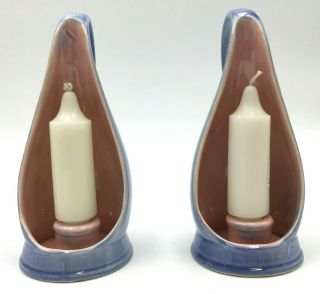 Red Wing Pottery 8.  5 " Candle Holders 981 Luster Blue & Pink Mid Century Modern