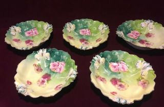 5 Vintage Rs Prussia Red Mark With Pink Roses & White Iris 6”berry Bowls