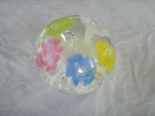 Joe Rice Art Glass Paperweight Pastel Colored Flowers With Bubbles