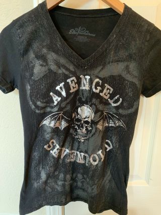 Sz M Avenged Sevenfold V - Neck T Shirt Black Silver A7x Girly Fitted Cap Sleeve