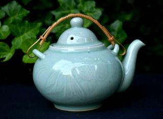 Vtg Celadon Porcelain Tea Pot Green W Embossed Koi Fantail Goldfish Hi - Gloss