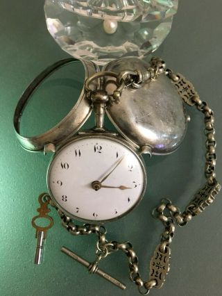Large English Silver Pair Cased Verge Fusee Pocket Watch London.  Servied