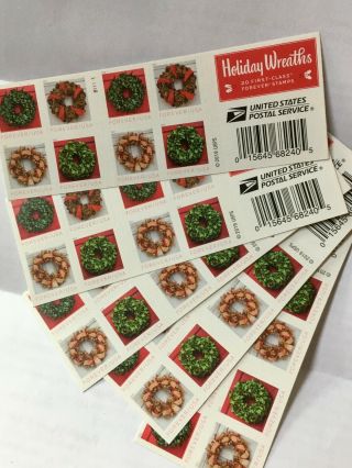 Usps Holiday Wreaths Booklet Of 100 (5 Booklets Of 20 Forever Stamps)