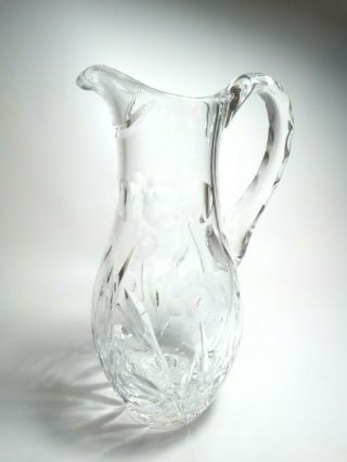 8 Inch Glass Pitcher Etched Flower Cut Heavy Duty