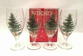 Nikko Happy Holidays Christmastime 16 Oz Stemmed Beverage Glasses Set Of 4 Nib